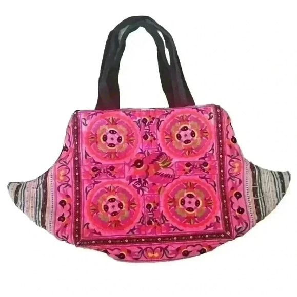 Bohemian Embroidered Multicolored Horn Shaped Tote Bag - Picture 1 of 12